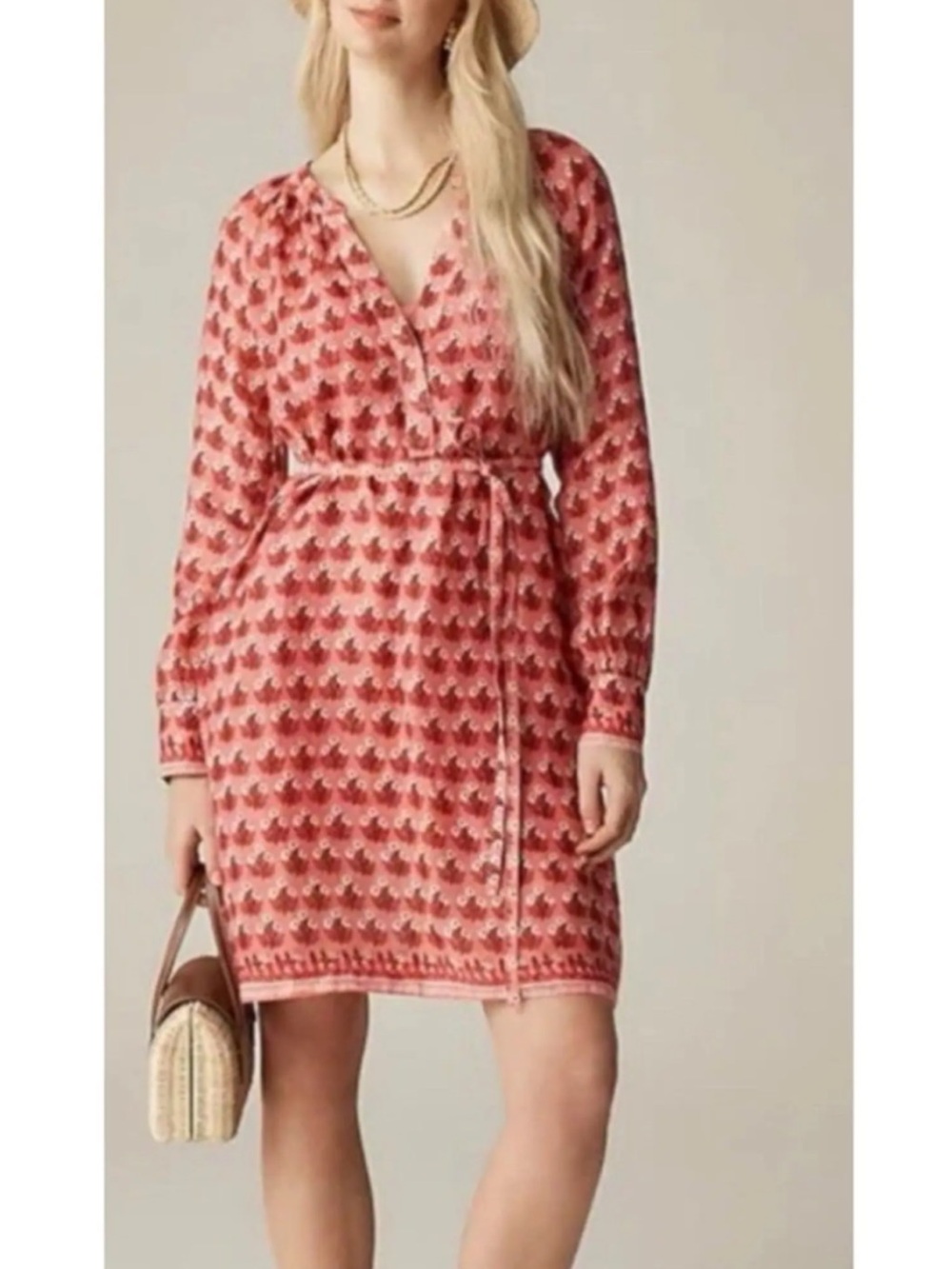 J. Crew Pink Patterned Long-Sleeve V-Neck Wrap Dress